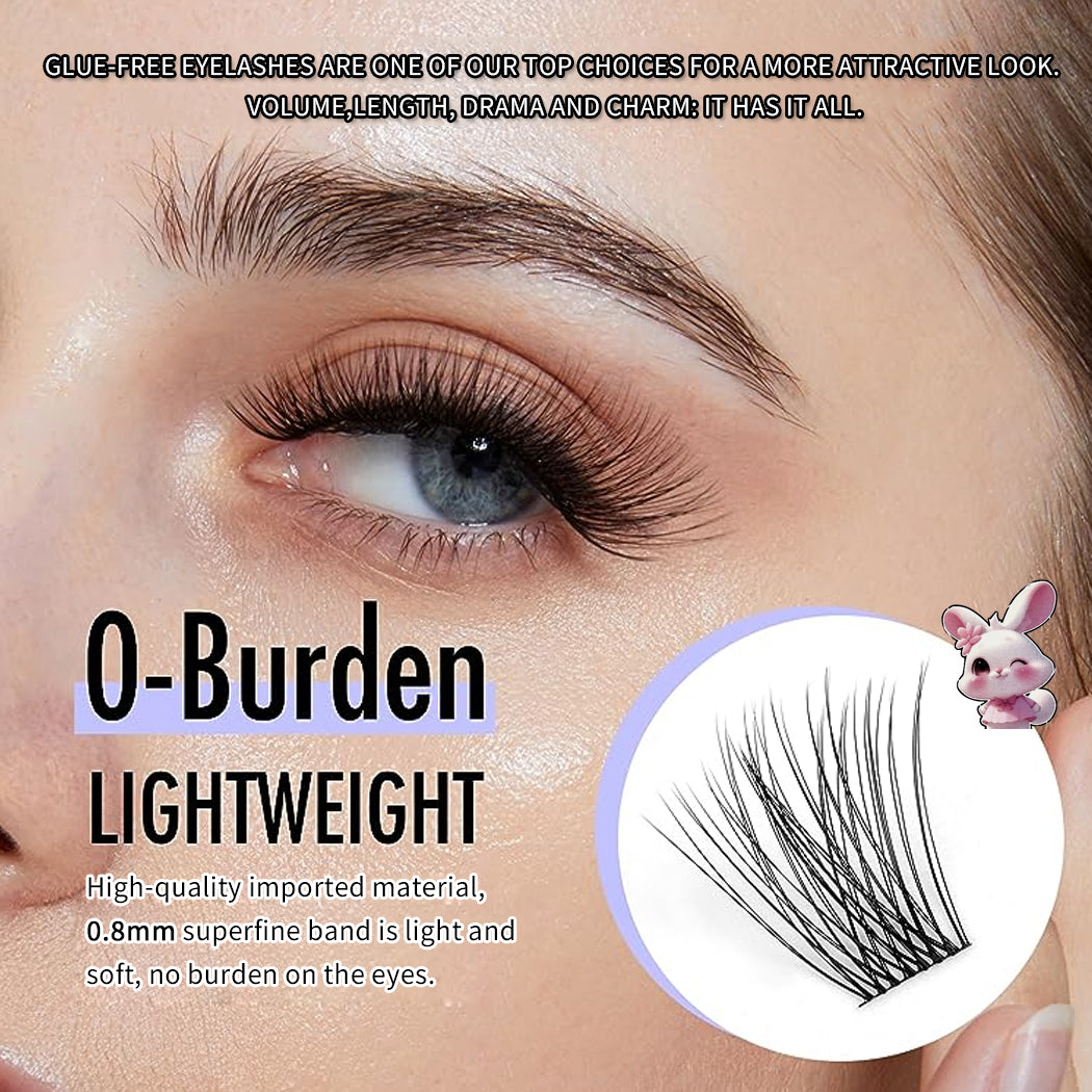Eyelash product with close-up of eye and additional lashes, featuring text about glue-free eyelashes.