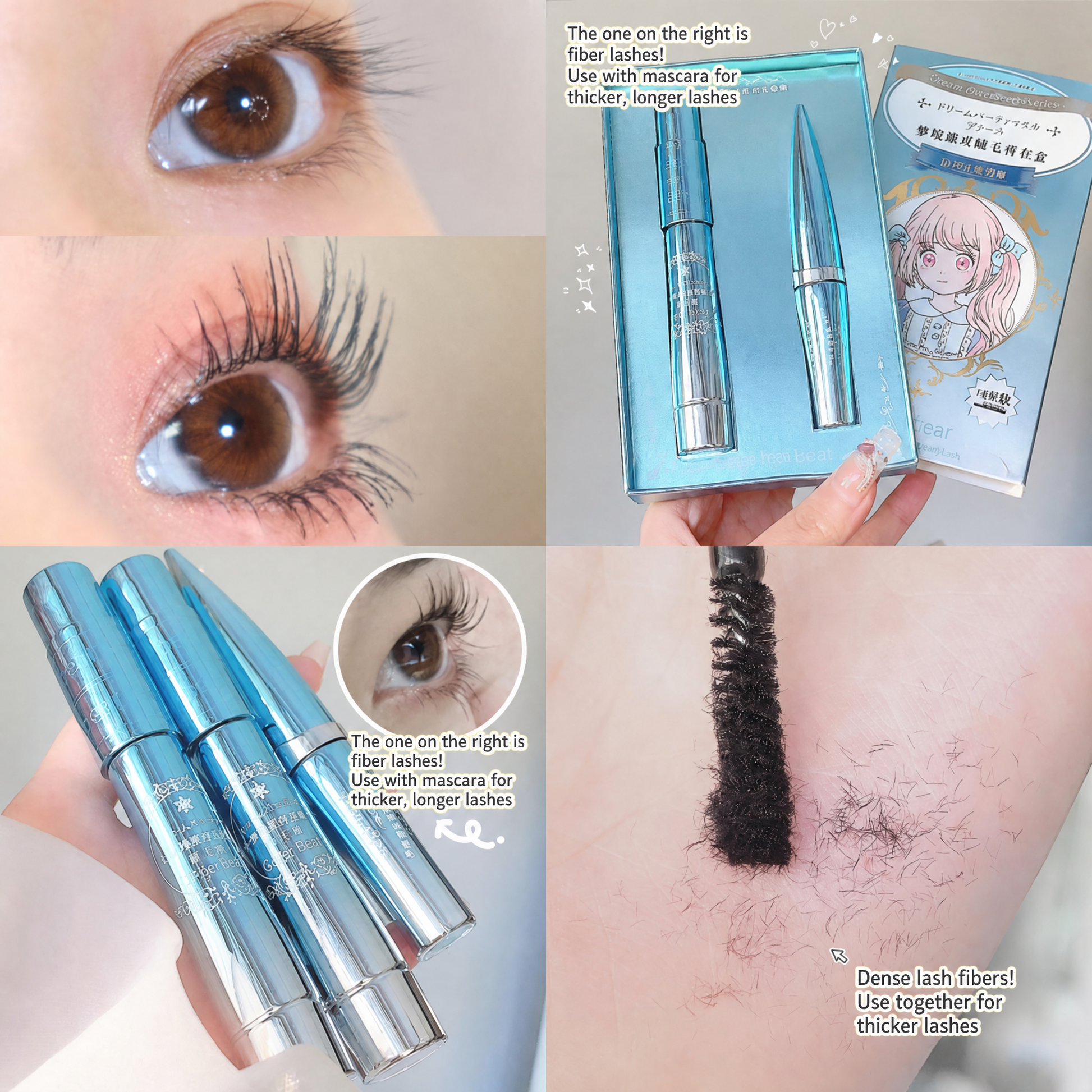  mascara with close-up of eye, packaging, and application on skin
