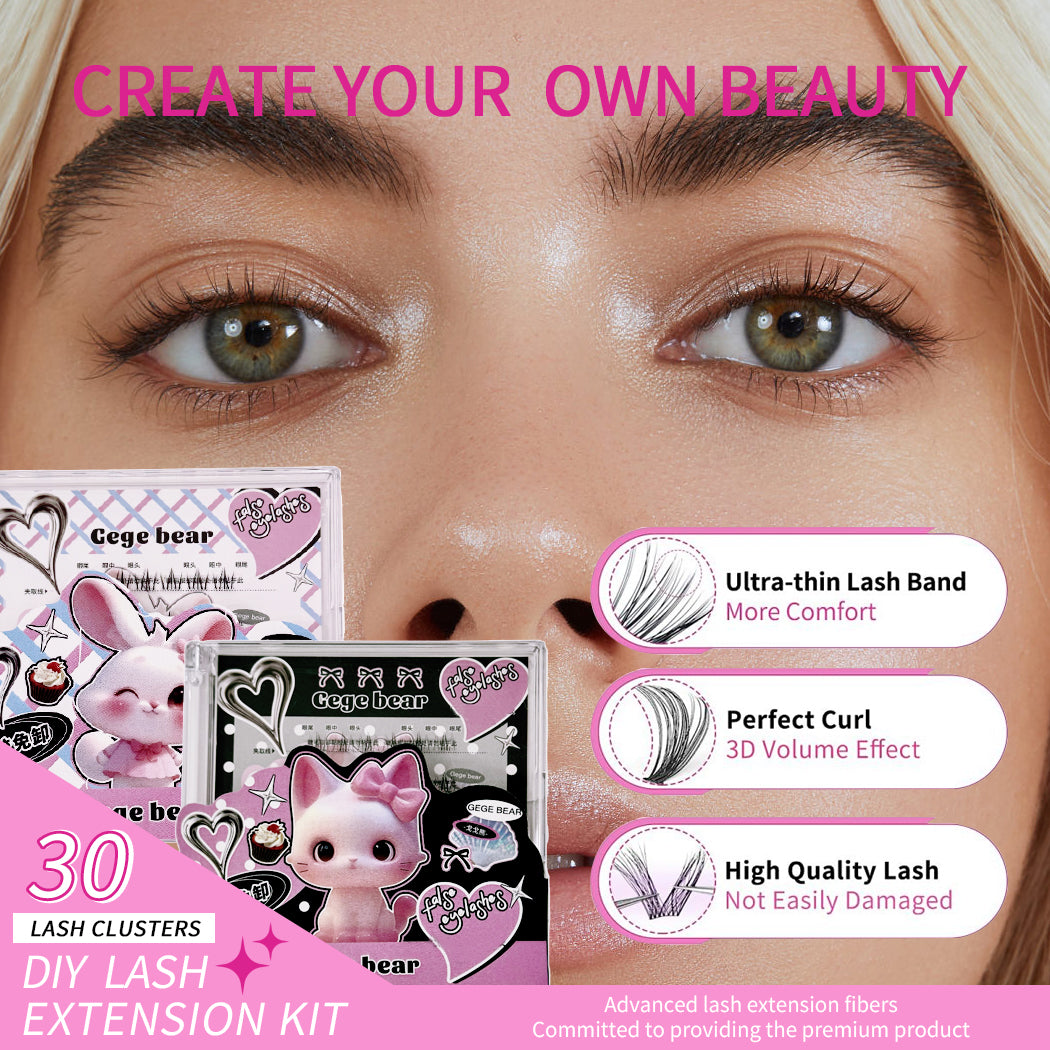 Makeup product with text 'Create Your Own Beauty' and '30 Lash Clusters DIY Lash Extension Kit' on a close-up of a woman's eyes.