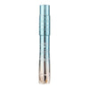 Skincare serum bottle with blue cap and silver body on a white background