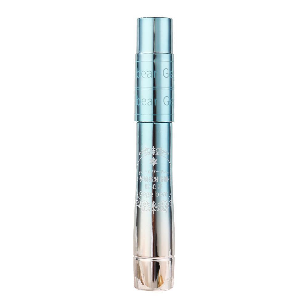 Skincare serum bottle with blue cap and silver body on a white background