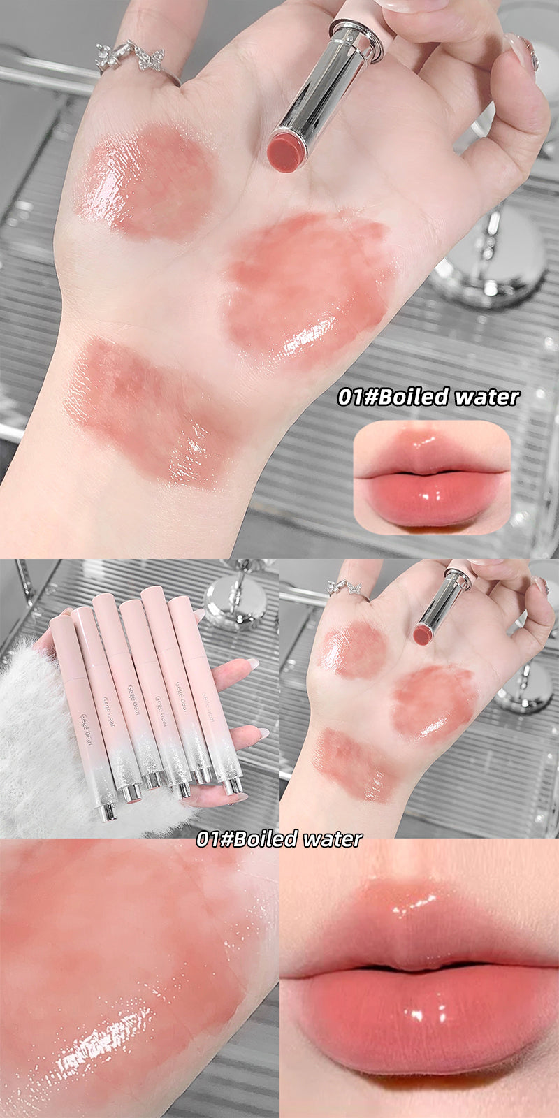 Lipstick being applied to a hand with close-up shots of lips and lipstick on a neutral background.