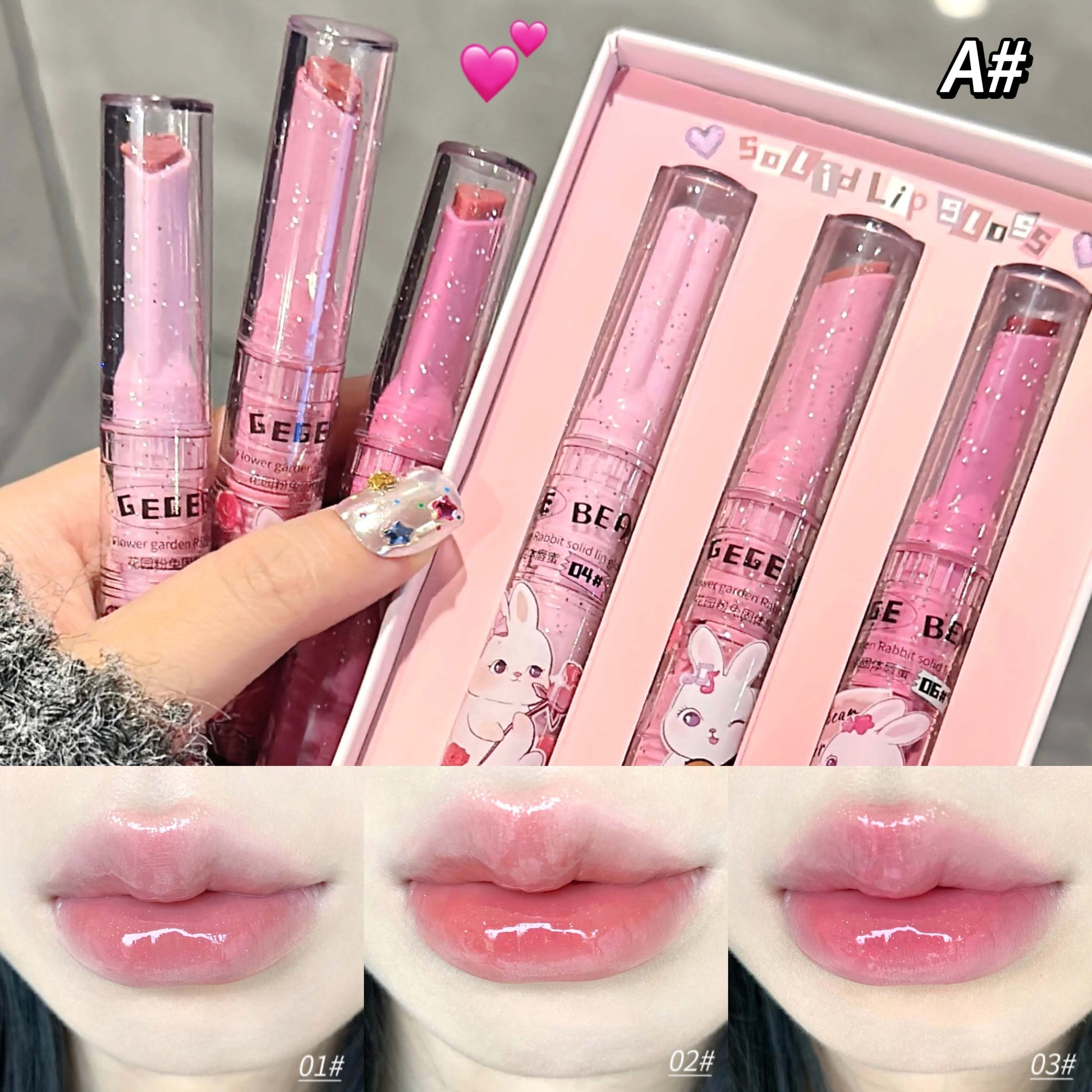 Set of pink lip glosses with a hand holding one, showing close-up of lips with the product.