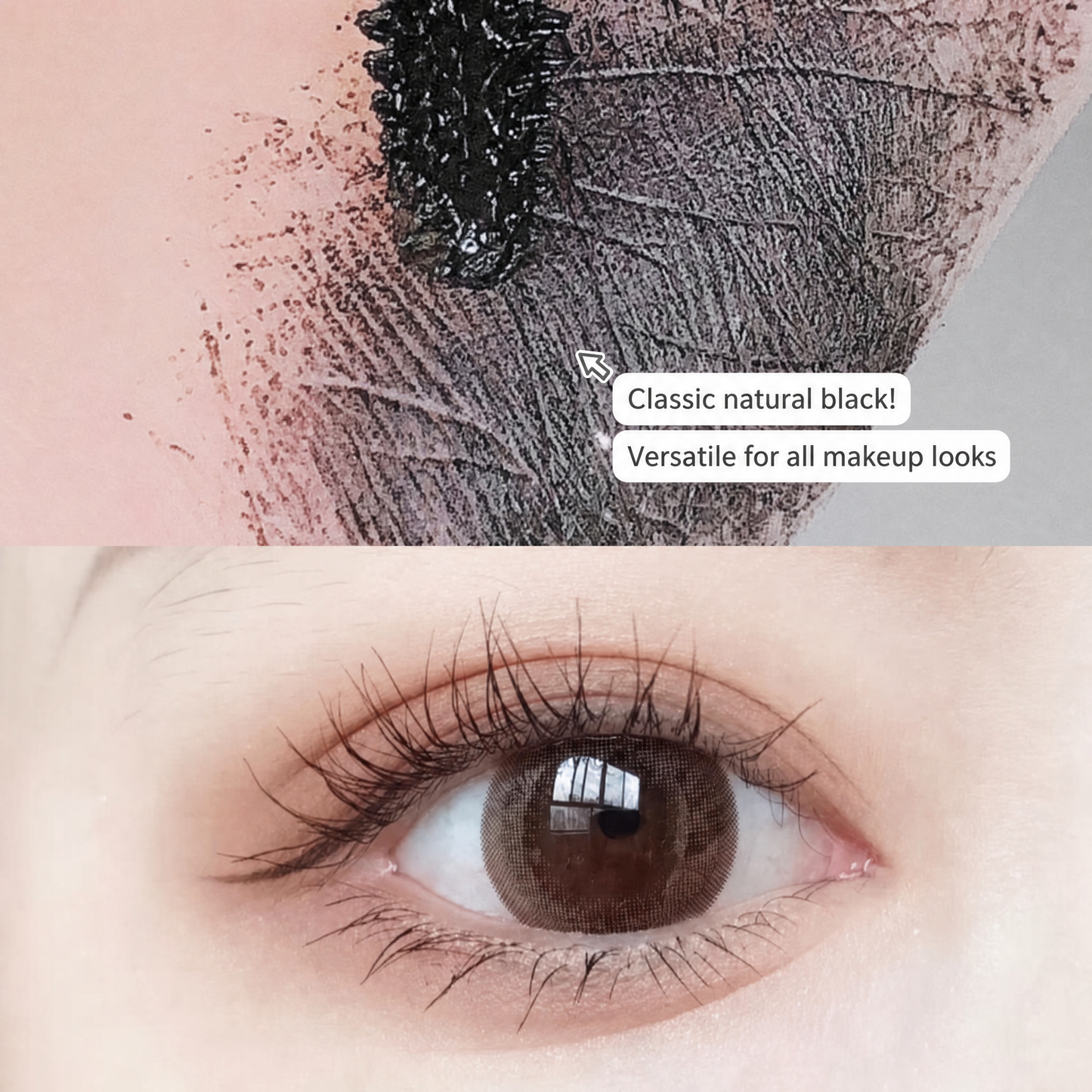 Eyelash product application on a close-up of an eye with text indicating versatility.
