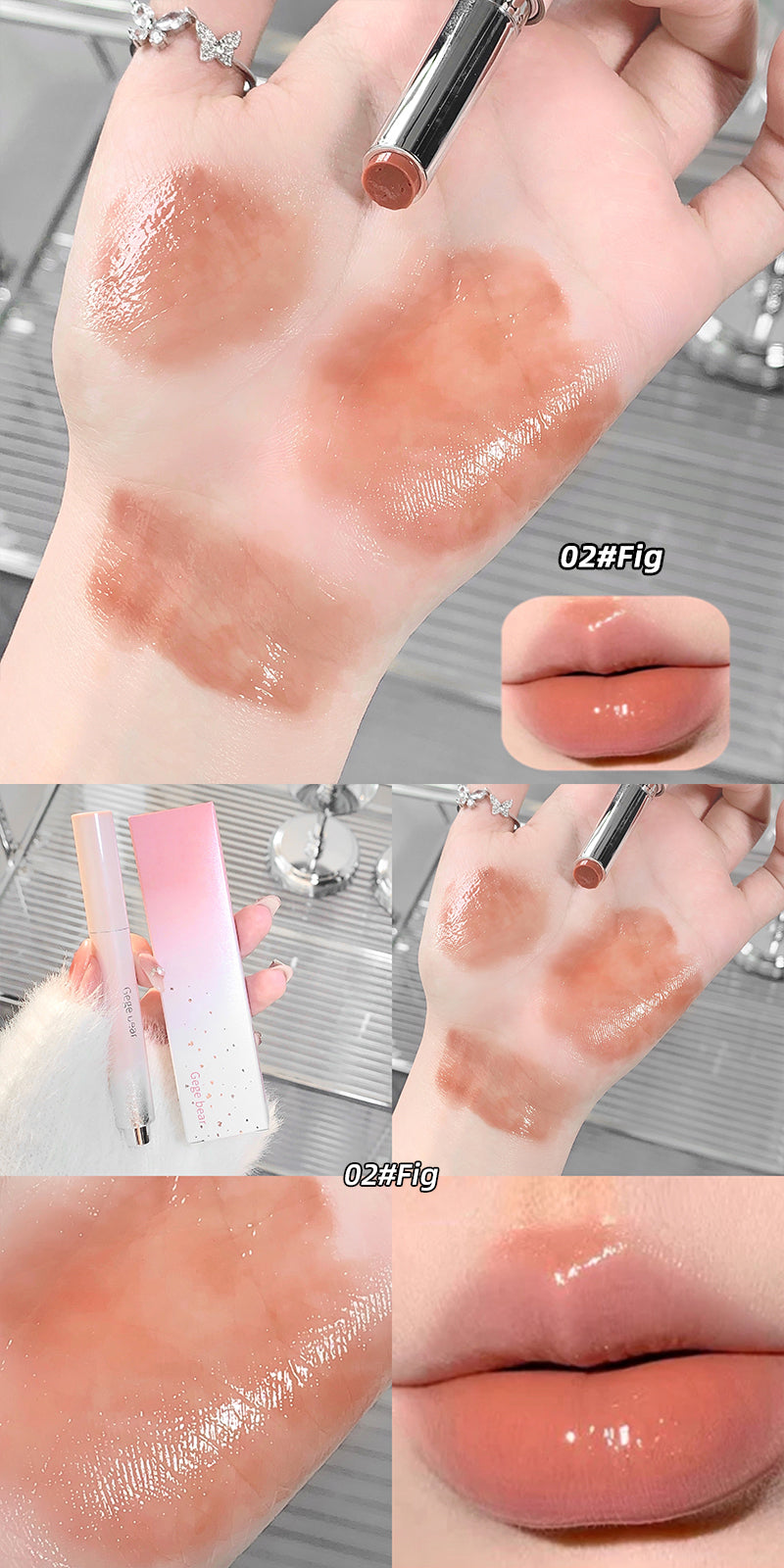 Lipstick swatches on a hand with close-up of lipstick and packaging.
