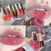 Collage of lip gloss products with close-ups on lips and application.