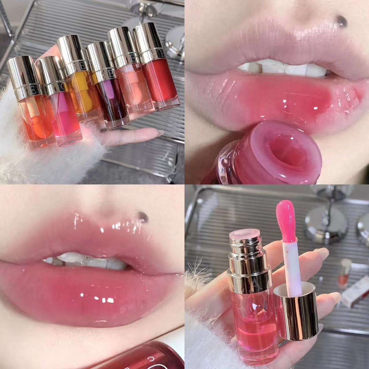Collage of lip gloss products with close-ups on lips and application.