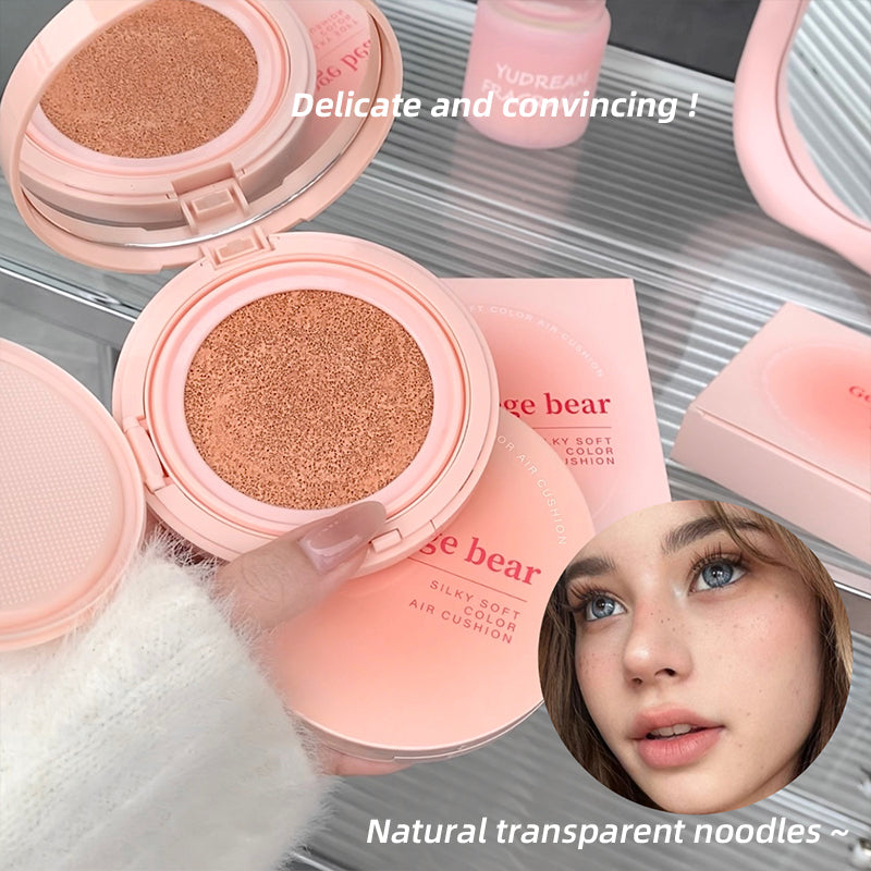 Makeup product with packaging and a close-up of a person's face.