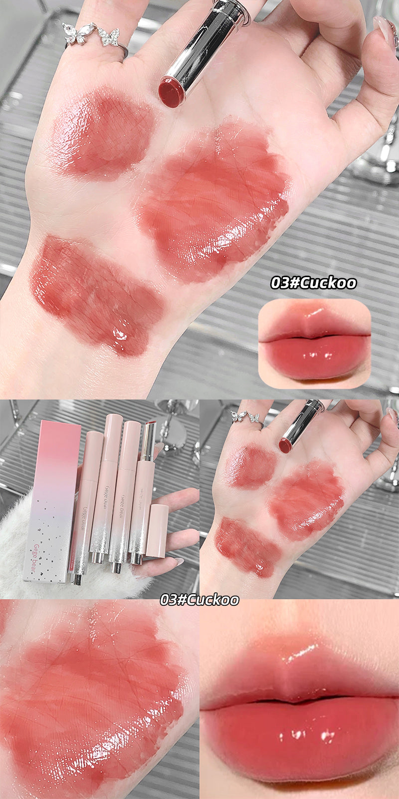 Lipstick swatches on a hand with close-up of lipstick color and packaging.
