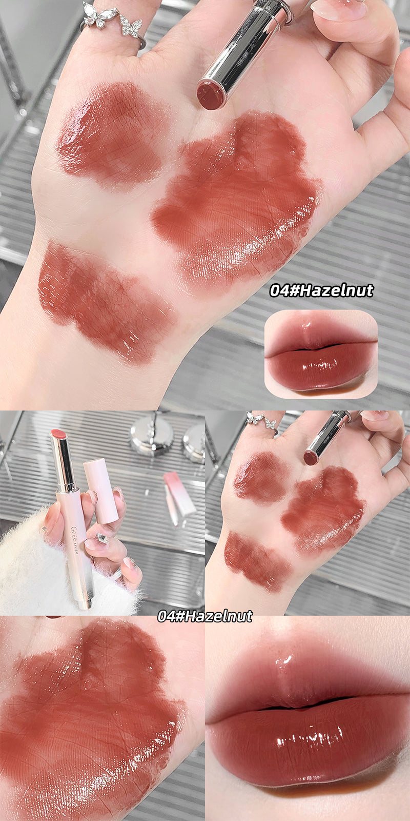 Lipstick swatches on a hand with close-up of lips wearing the shade 04# Hazelnut.