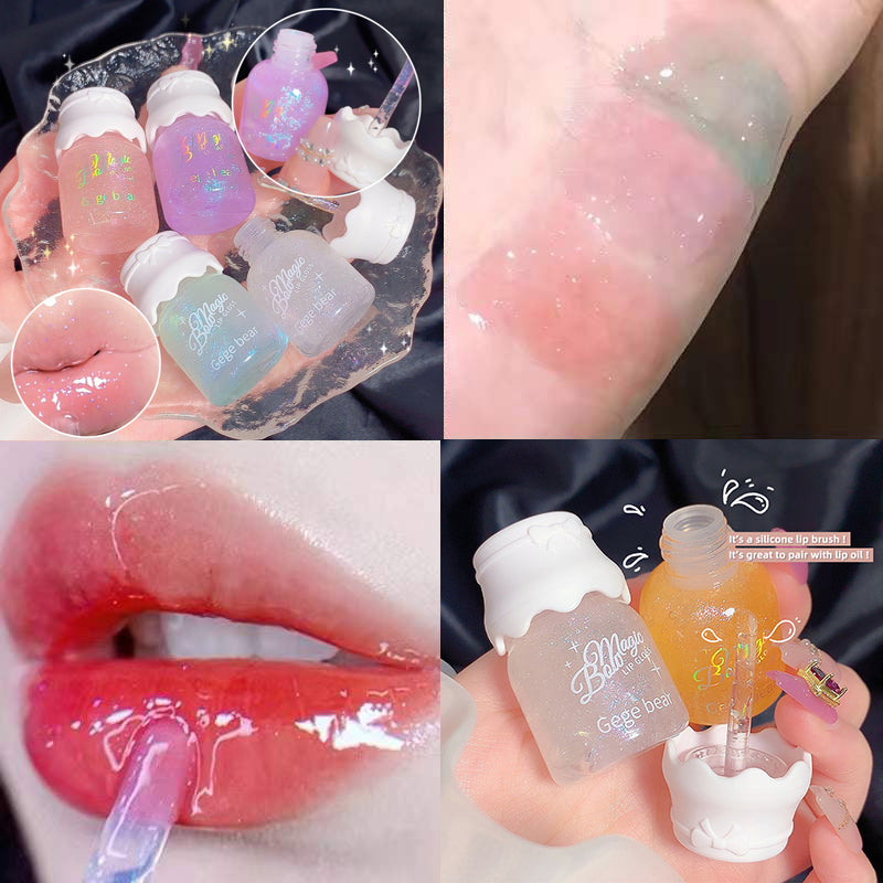 Collage of a product with close-up shots on skin and lips, featuring a brand name.