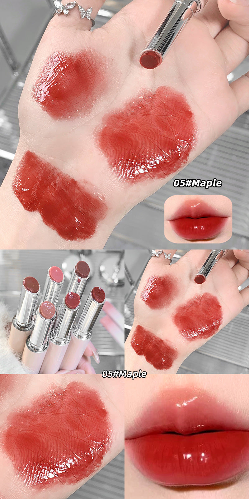 Lipstick swatches on lips and hands with close-up of lipstick color '05# Maple'.