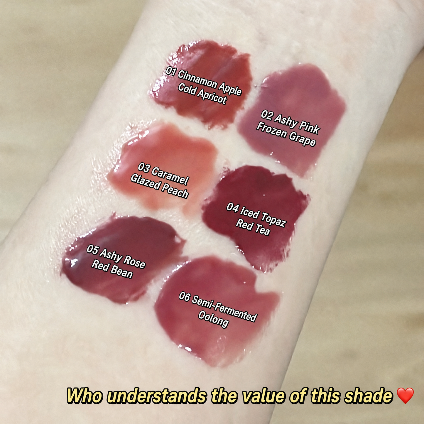 Lipstick swatches on a wrist with labels and text