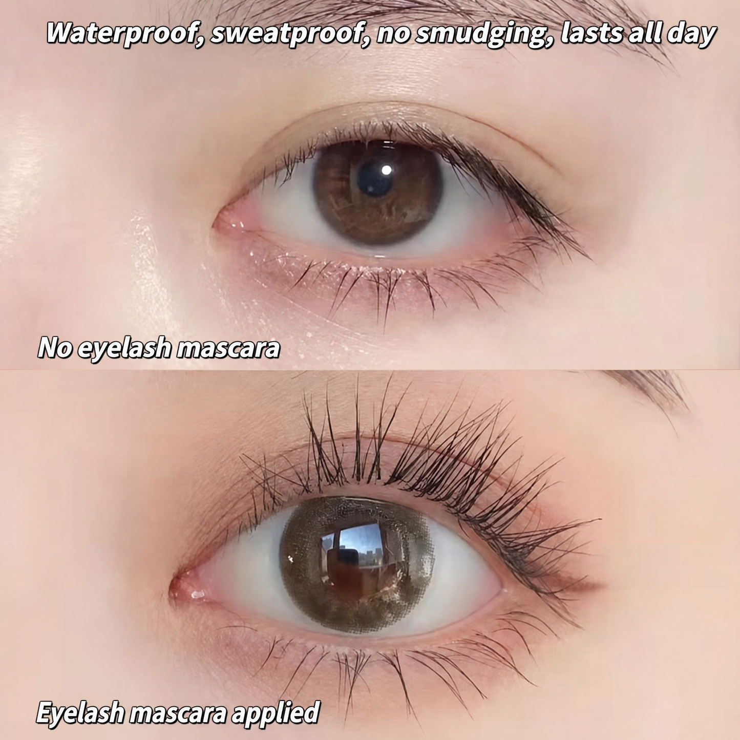 Comparison of an eye with and without eyelash mascara, highlighting waterproof and sweatproof properties.