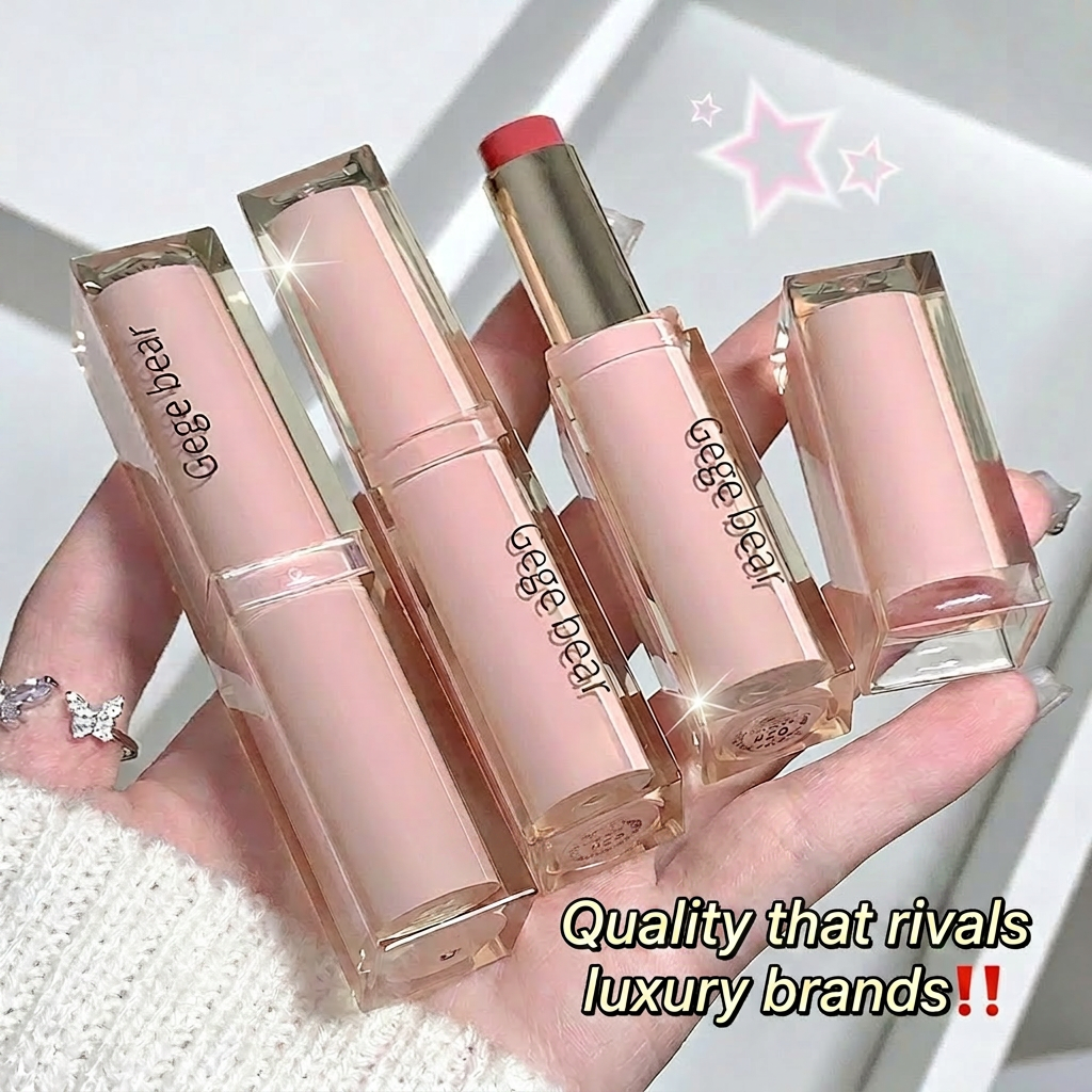 Four Gege bear lipsticks held in a hand with a white background