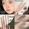 Makeup product advertisement with mascara and eyelash extensions, featuring text on product features.