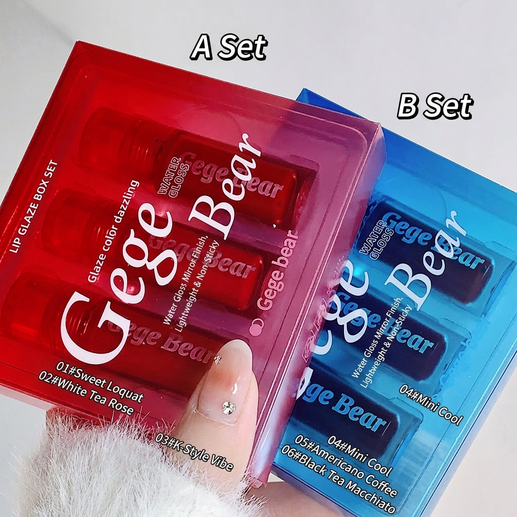 Two sets of Gege Bear lip glosses, one red and one blue, held by a hand.