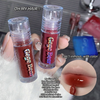 Two lip glosses with 'Gege Bear' branding held by a hand, with close-up of gloss on lips.