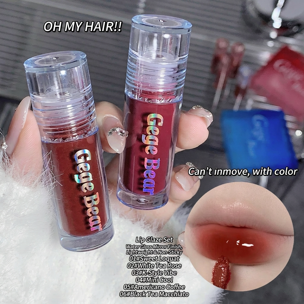 Two lip glosses with 'Gege Bear' branding held by a hand, with close-up of gloss on lips.