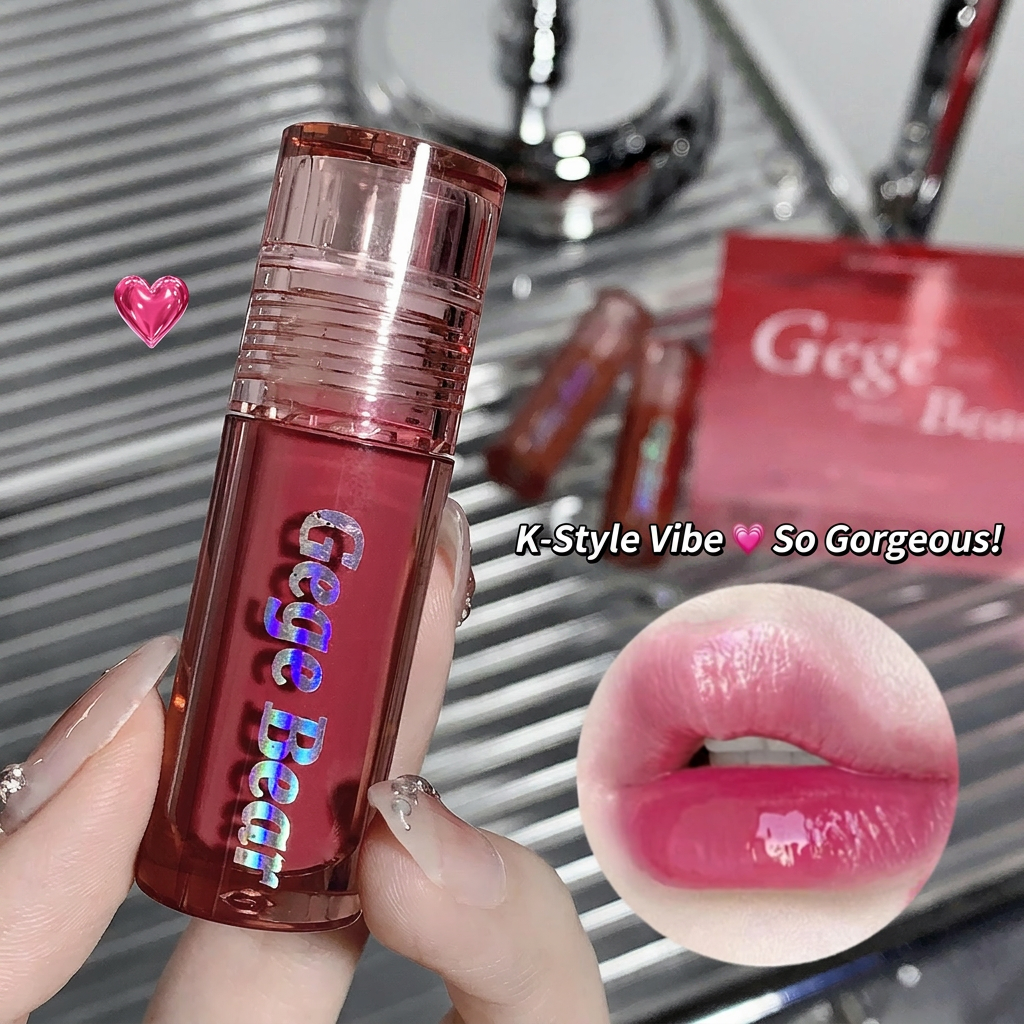 Lip gloss with 'Gege Beauty' branding held by a hand, with a close-up of lips wearing the product.