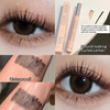 Collage of makeup product with close-ups of eyelashes and packaging, labeled 'Natural-looking Curled Lashes' and 'Waterproof'.