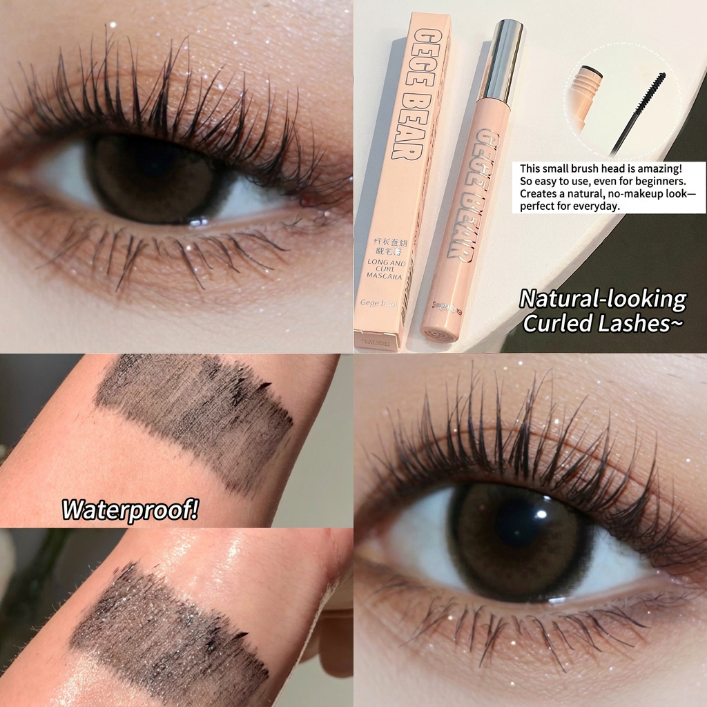 Collage of makeup product with close-ups of eyelashes and packaging, labeled 'Natural-looking Curled Lashes' and 'Waterproof'.