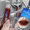 Lip gloss with applicator and close-up of lips wearing the product, branded 'Gee Beauty'.