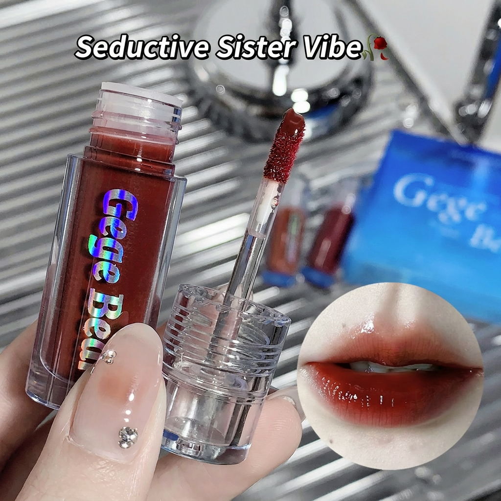 Lip gloss with applicator and close-up of lips wearing the product, branded 'Gee Beauty'.