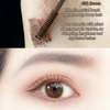 Eyebrow pencil being applied with a brush and close-up of applied brown eyeliner.