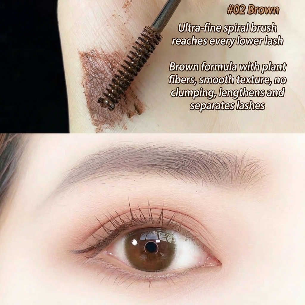 Eyebrow pencil being applied with a brush and close-up of applied brown eyeliner.