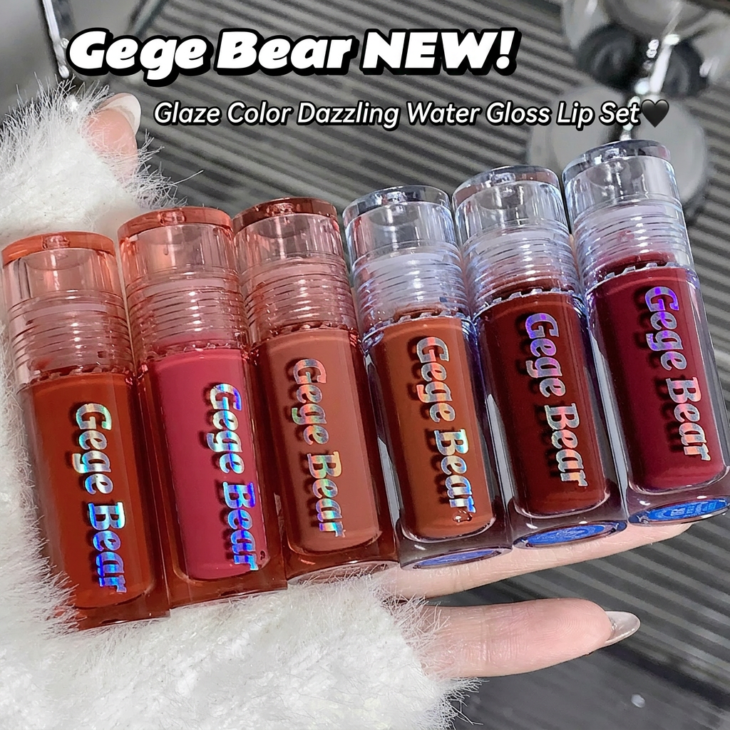 Gege Bear lip gloss set held by a hand with a blurred background