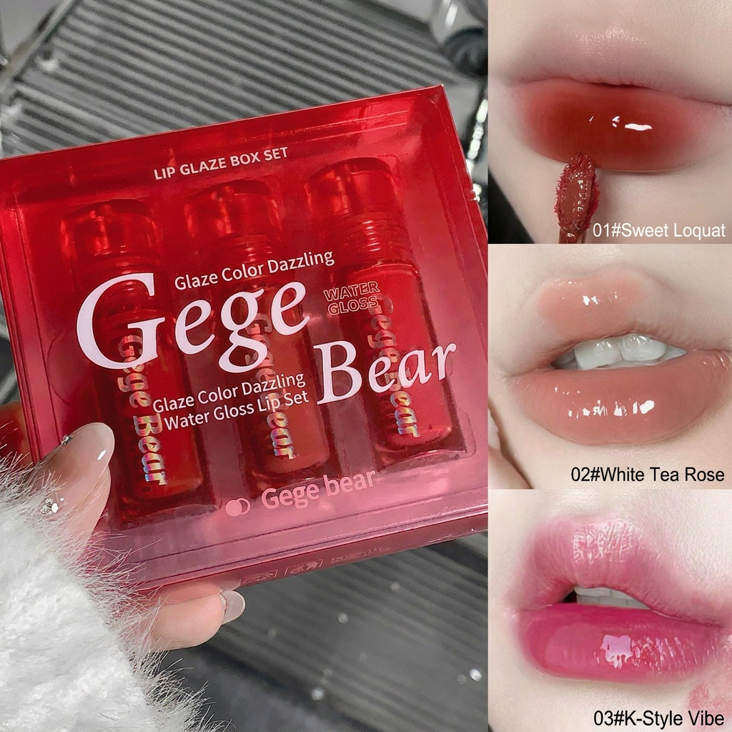 Gege Bear lip gloss set with close-ups of lips wearing different shades.