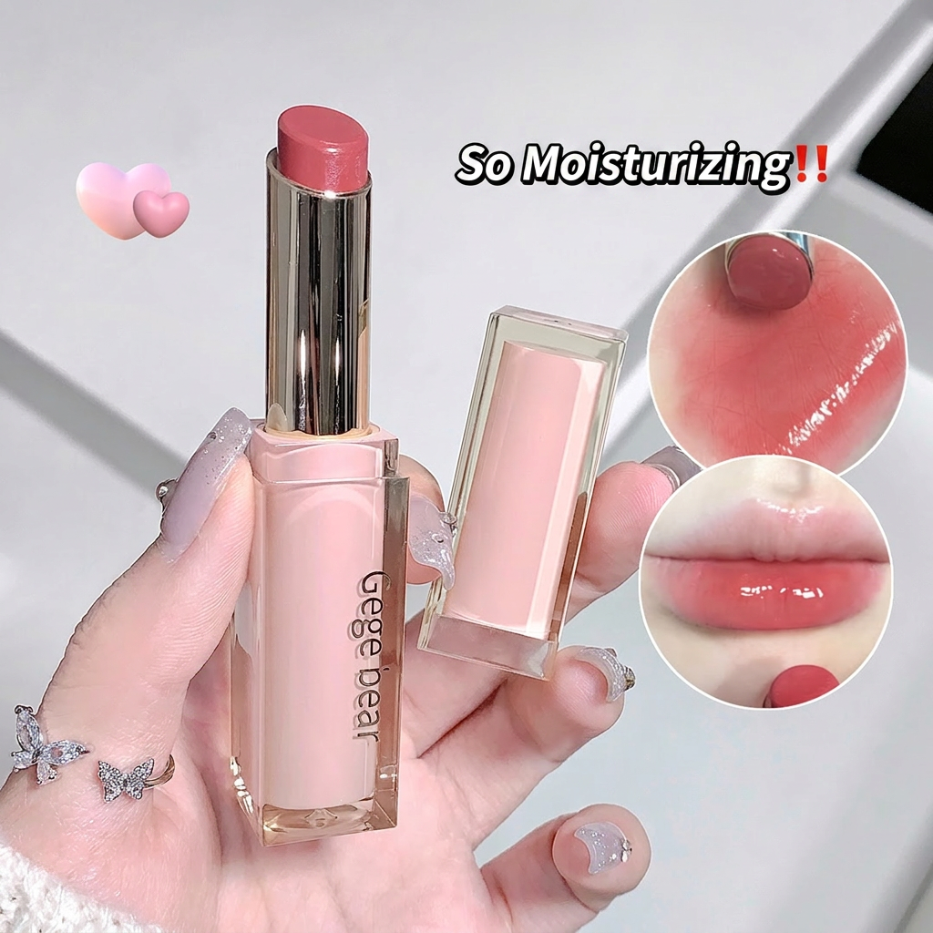 Lipstick held in a hand with close-up shots of lips and text 'So Moisturizing!!'