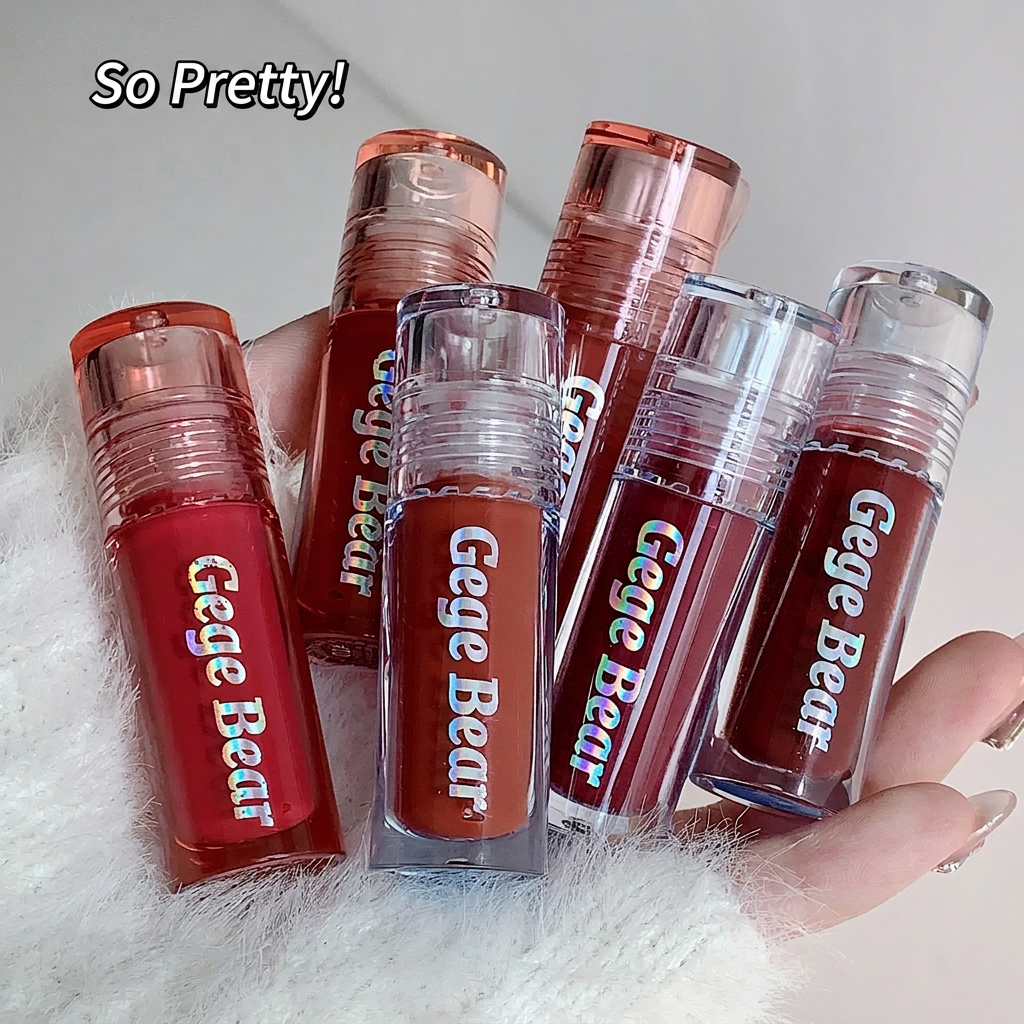 Lip gloss bottles with 'Gege Bear' branding on a white surface.
