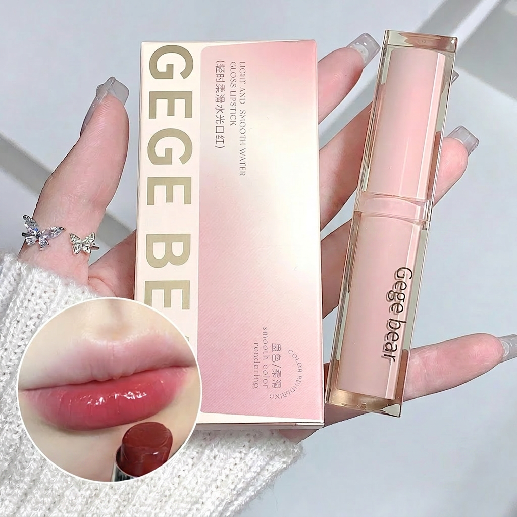 Lip gloss with packaging and close-up of lips wearing the product