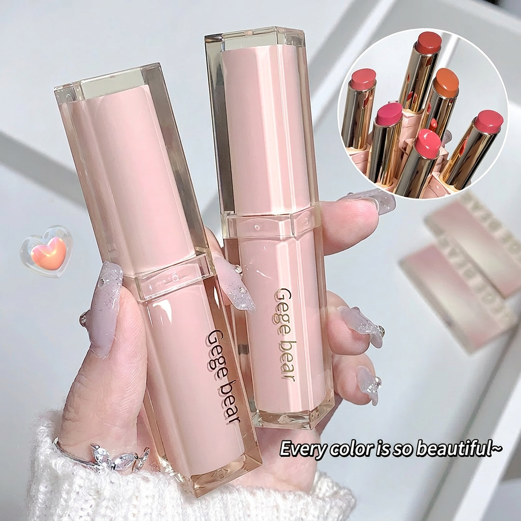 Two pink lip glosses held by a hand with a close-up inset showing additional colors.