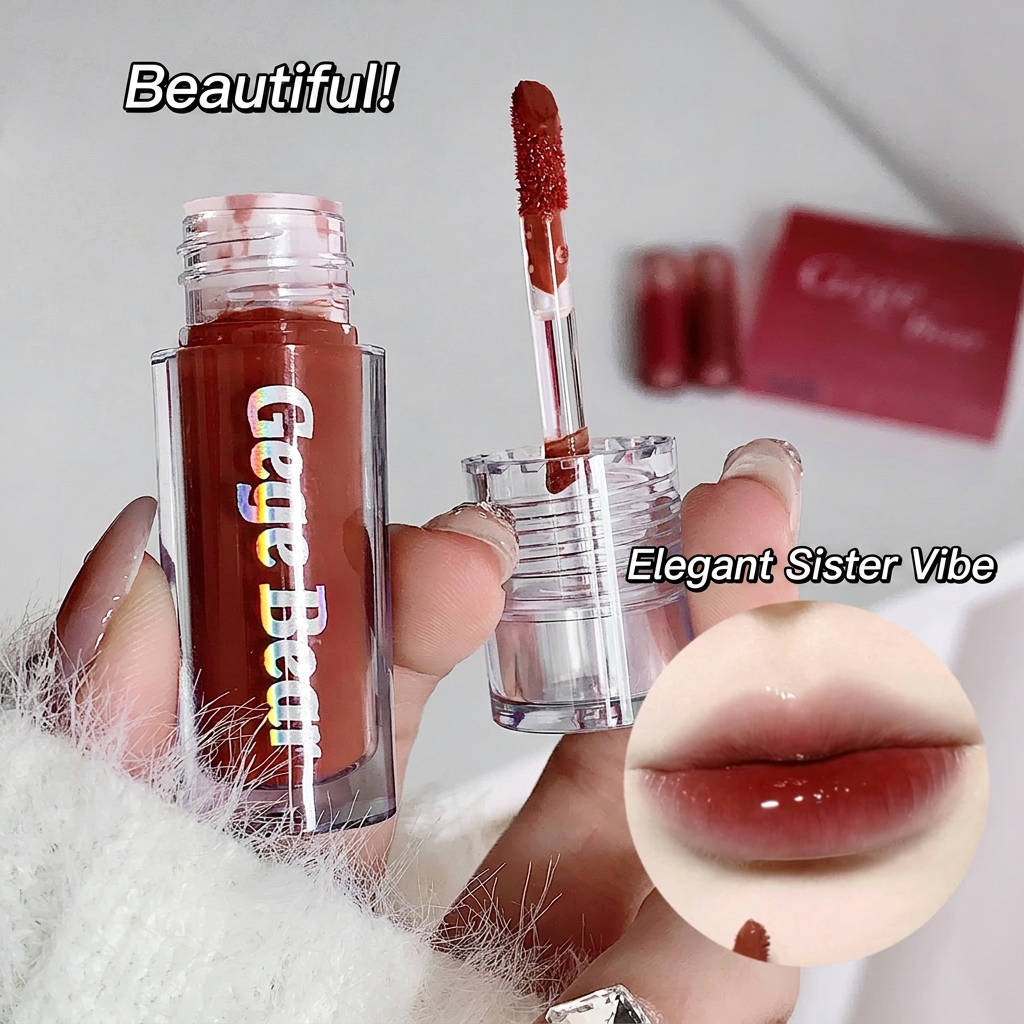 Lipstick with applicator and close-up of lips wearing the color, labeled 'Gege Bear' and 'Elegant Sister Vibe'.