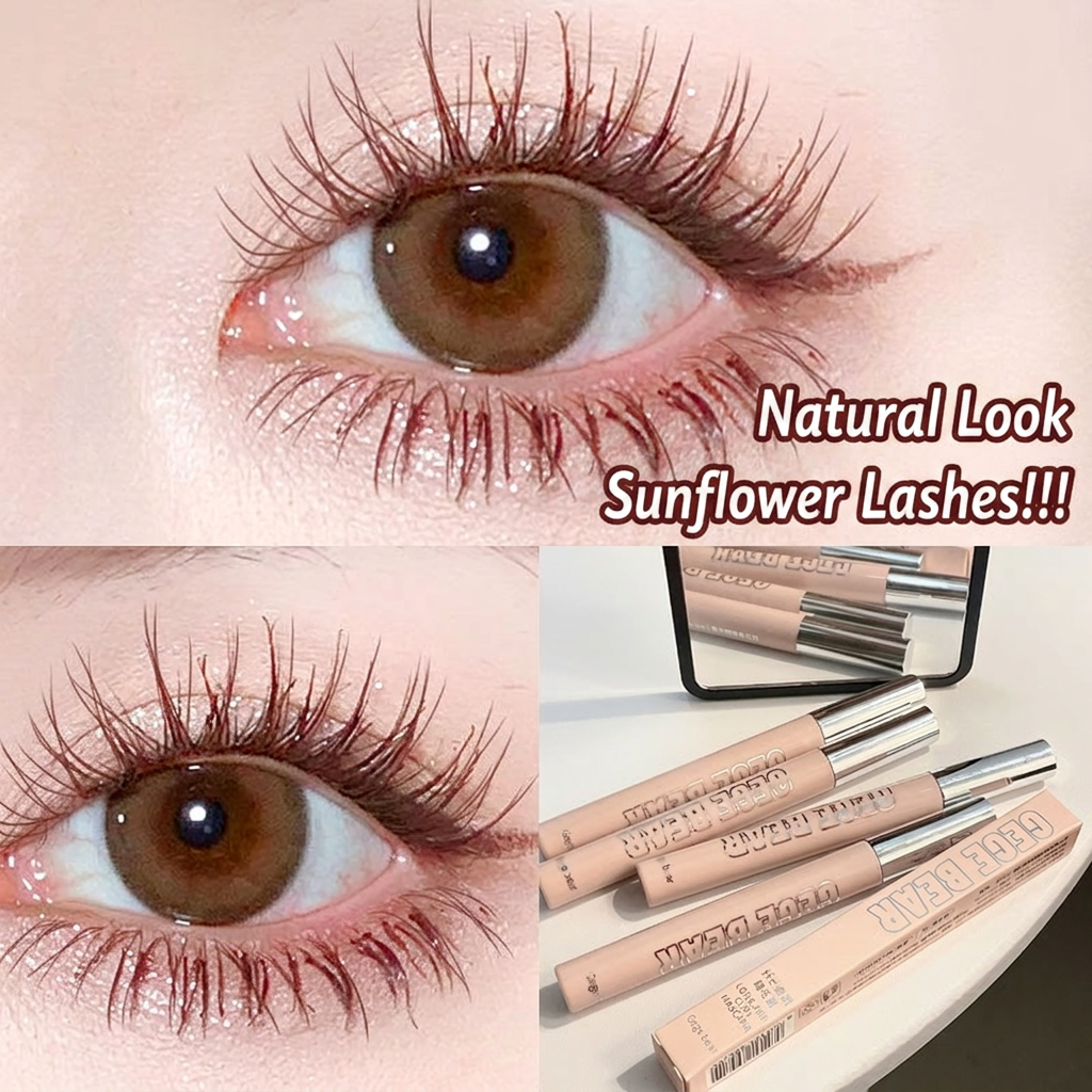 Eyelashes with 'Natural Look Sunflower Lashes' text and makeup products on a table.