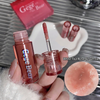 Lip tint with 'Gege Bear' branding held by a hand, with a close-up of the lip color and product packaging in the background.