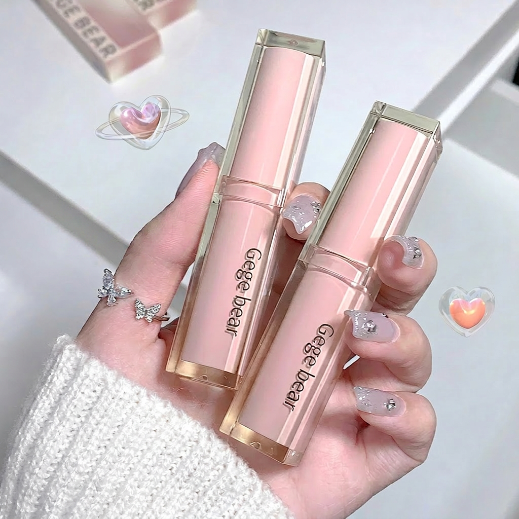Hand holding two pink 'Gege bear' lip glosses with a white background