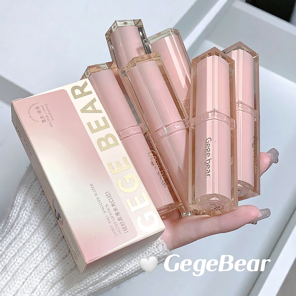 GegeBear lip gloss set held by a hand on a light background