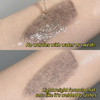 Makeup swatch on skin with text about water resistance and formula texture.