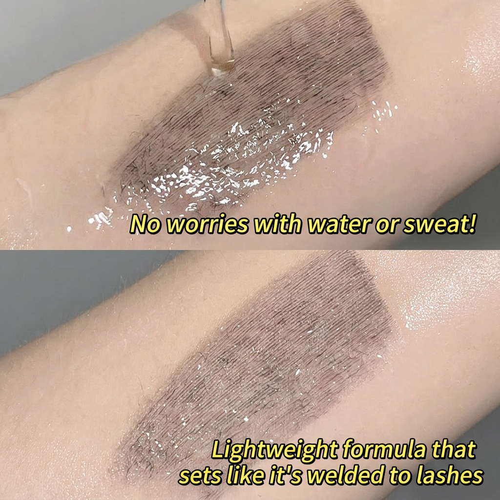 Makeup swatch on skin with text about water resistance and formula texture.