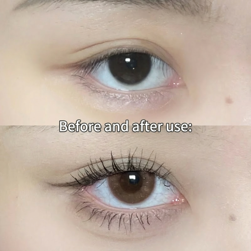 Before and after use comparison of eye makeup on a close-up of an eye.