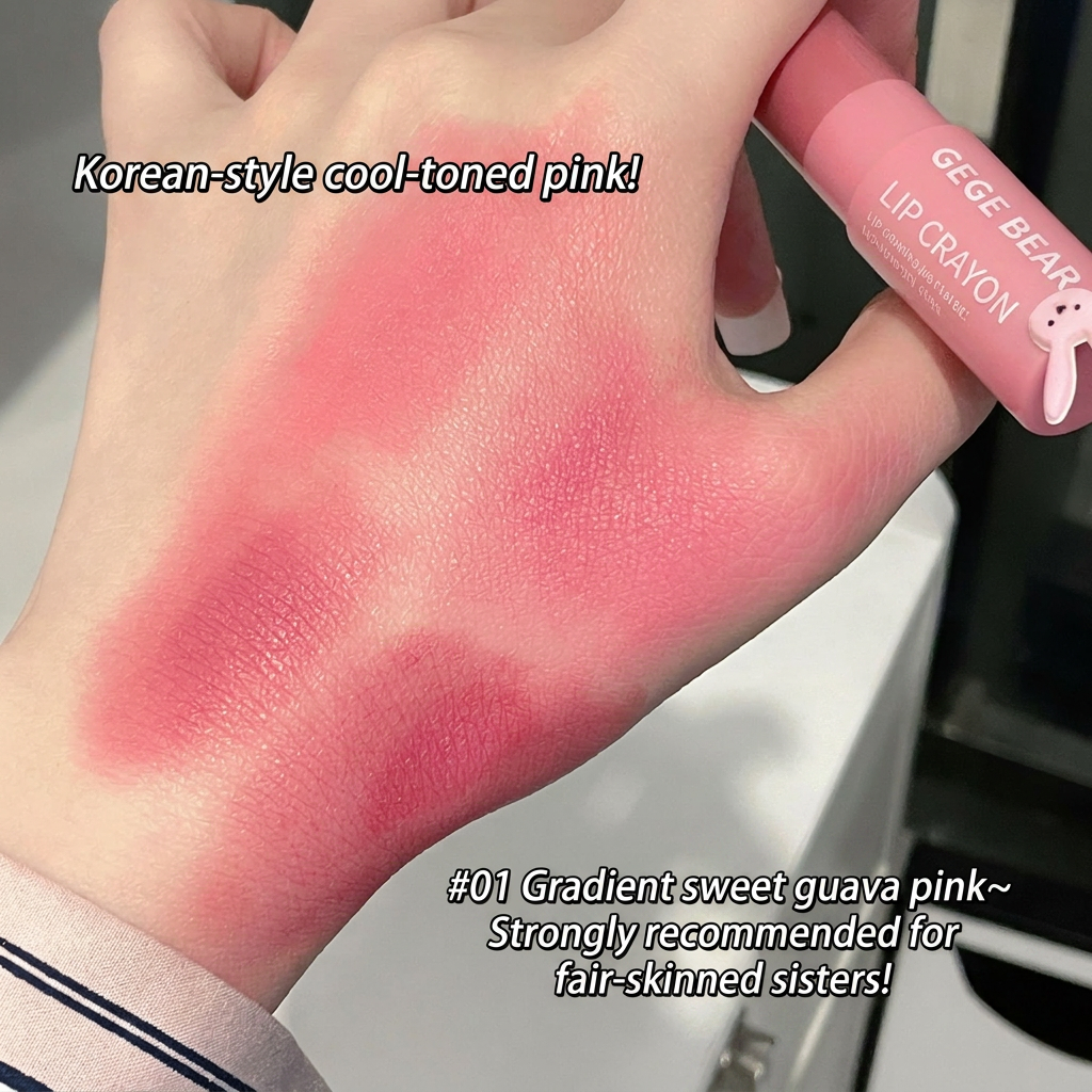 Hand with pink lip crayon swatch and product name on a neutral background