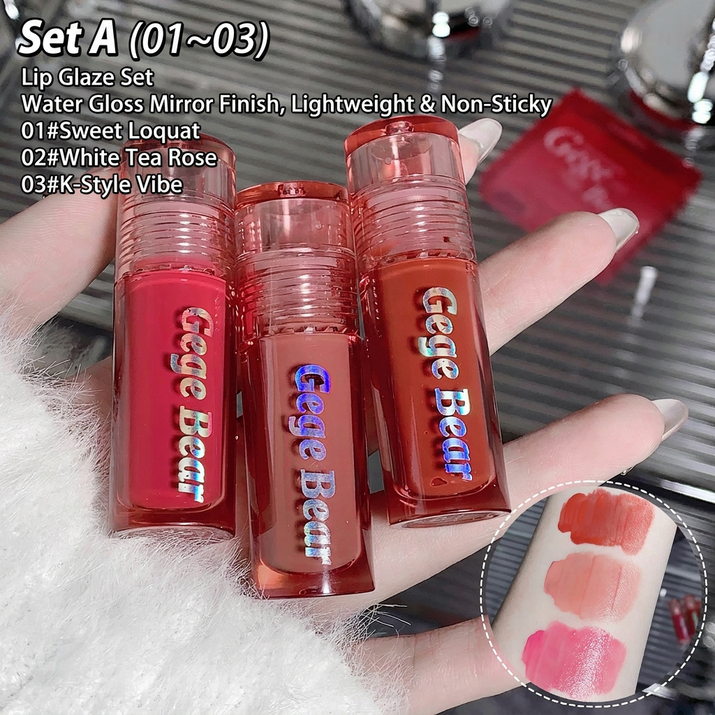 Three lip glosses from Gege Bear with a hand holding them, set against a blurred background.