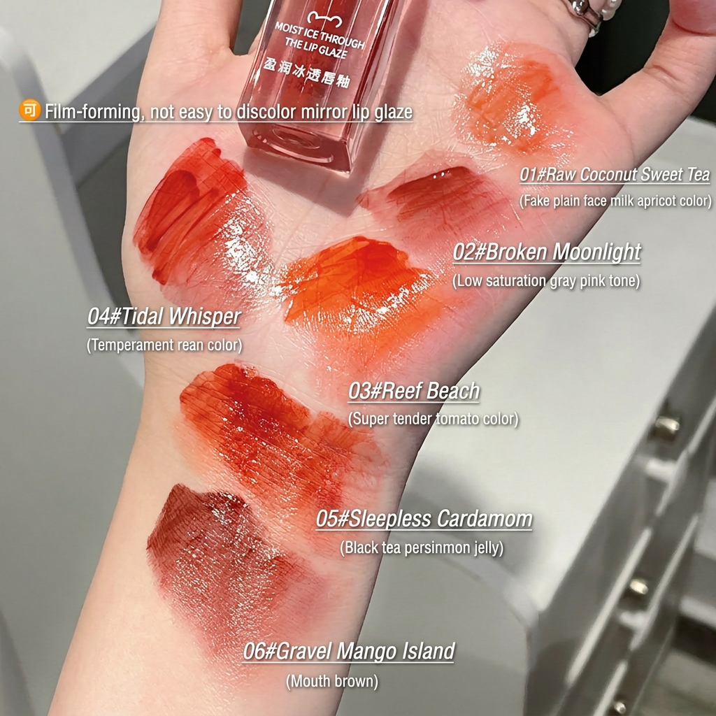 Hand with lipstick swatches labeled and a lip gloss bottle.