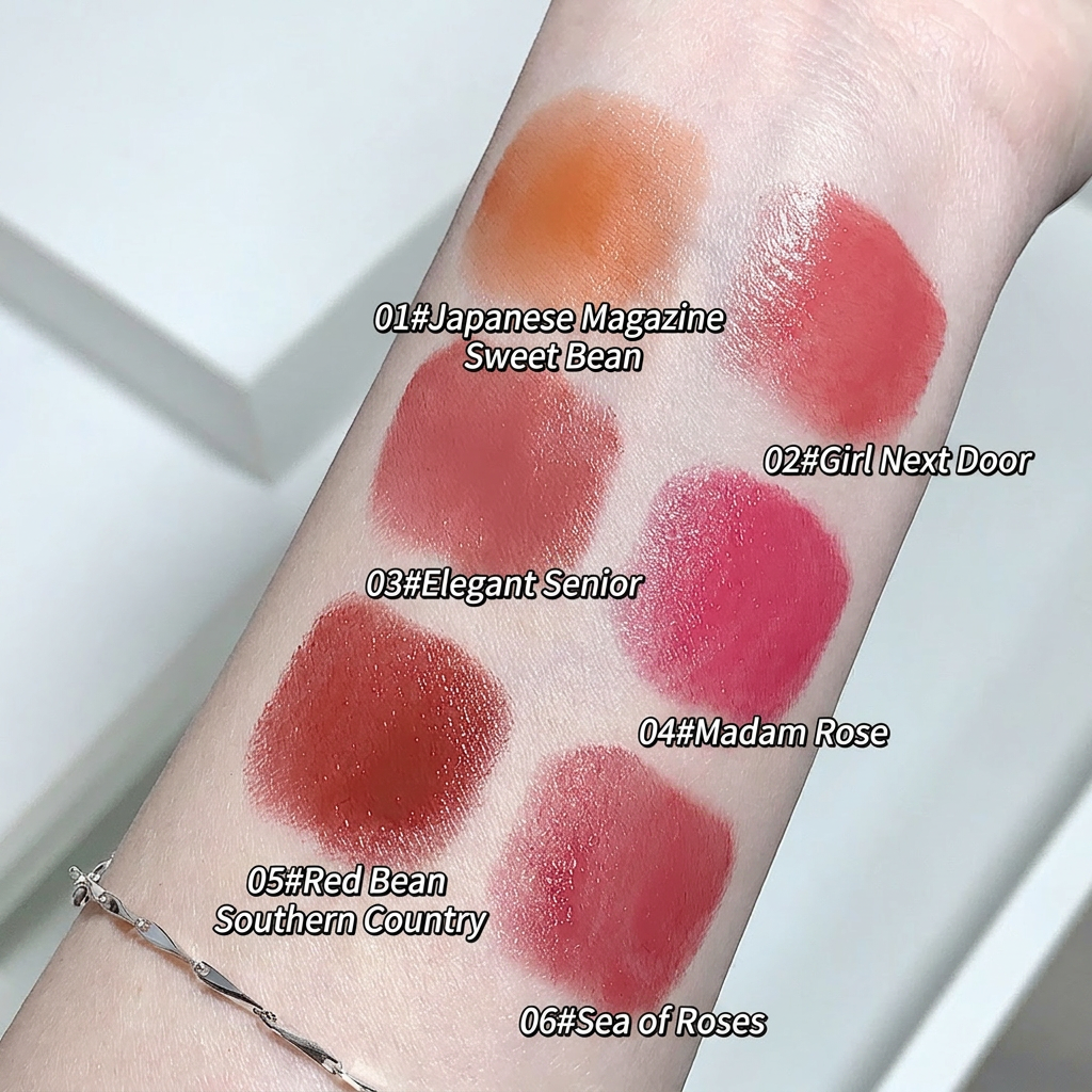 Lipstick swatches on a person's arm with labeled colors