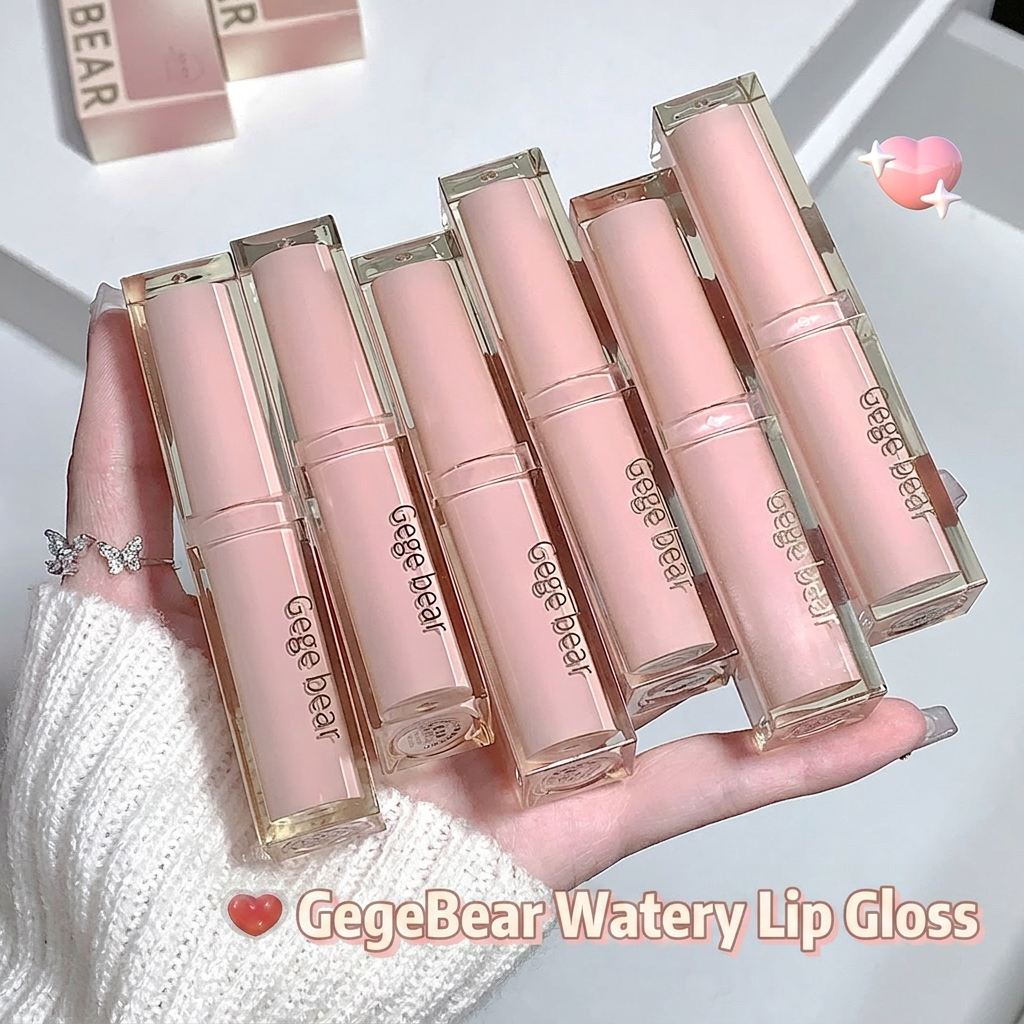 Hand holding GegeBear Watery Lip Gloss with product packaging in the background