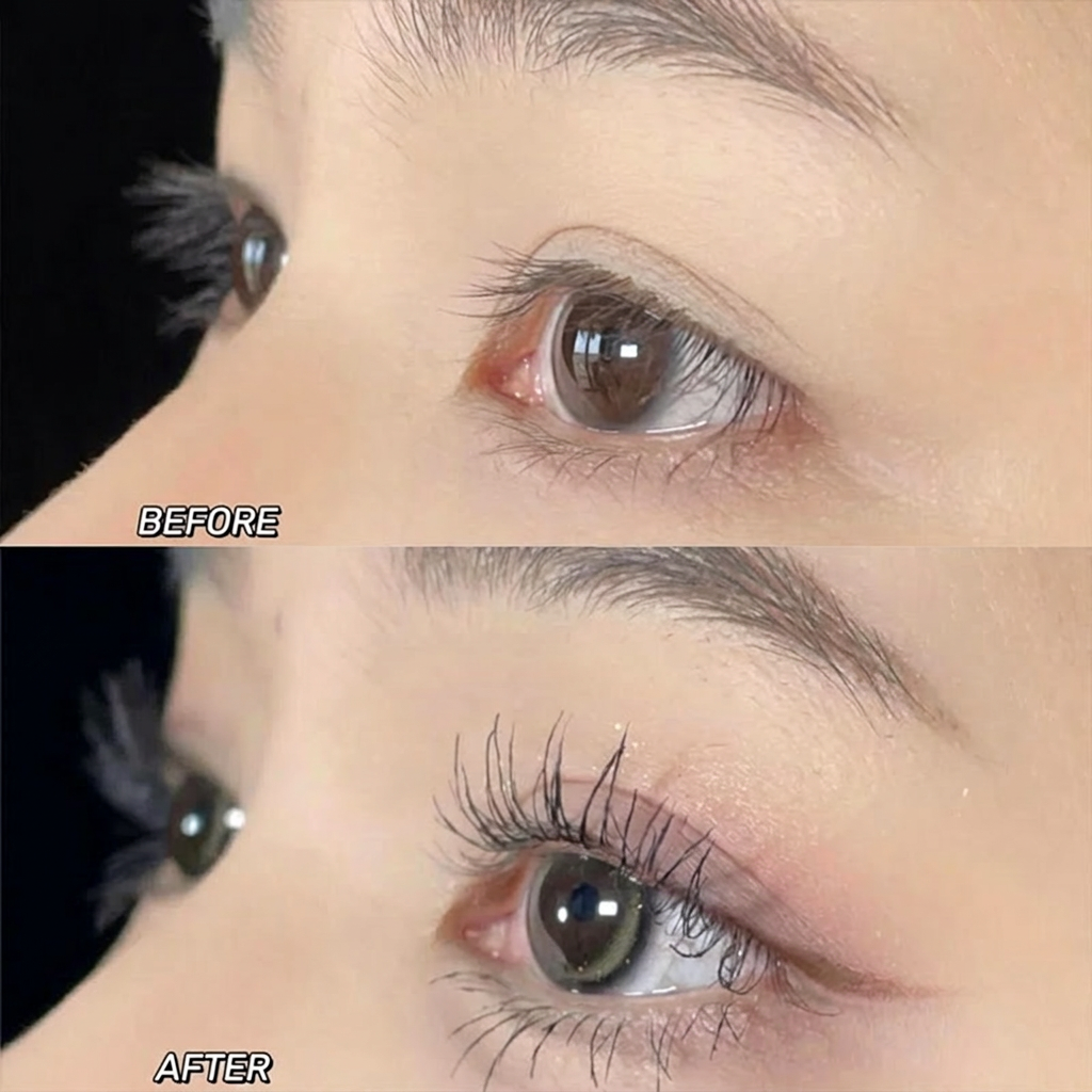 Before and after comparison of an eye with eyelash extensions.